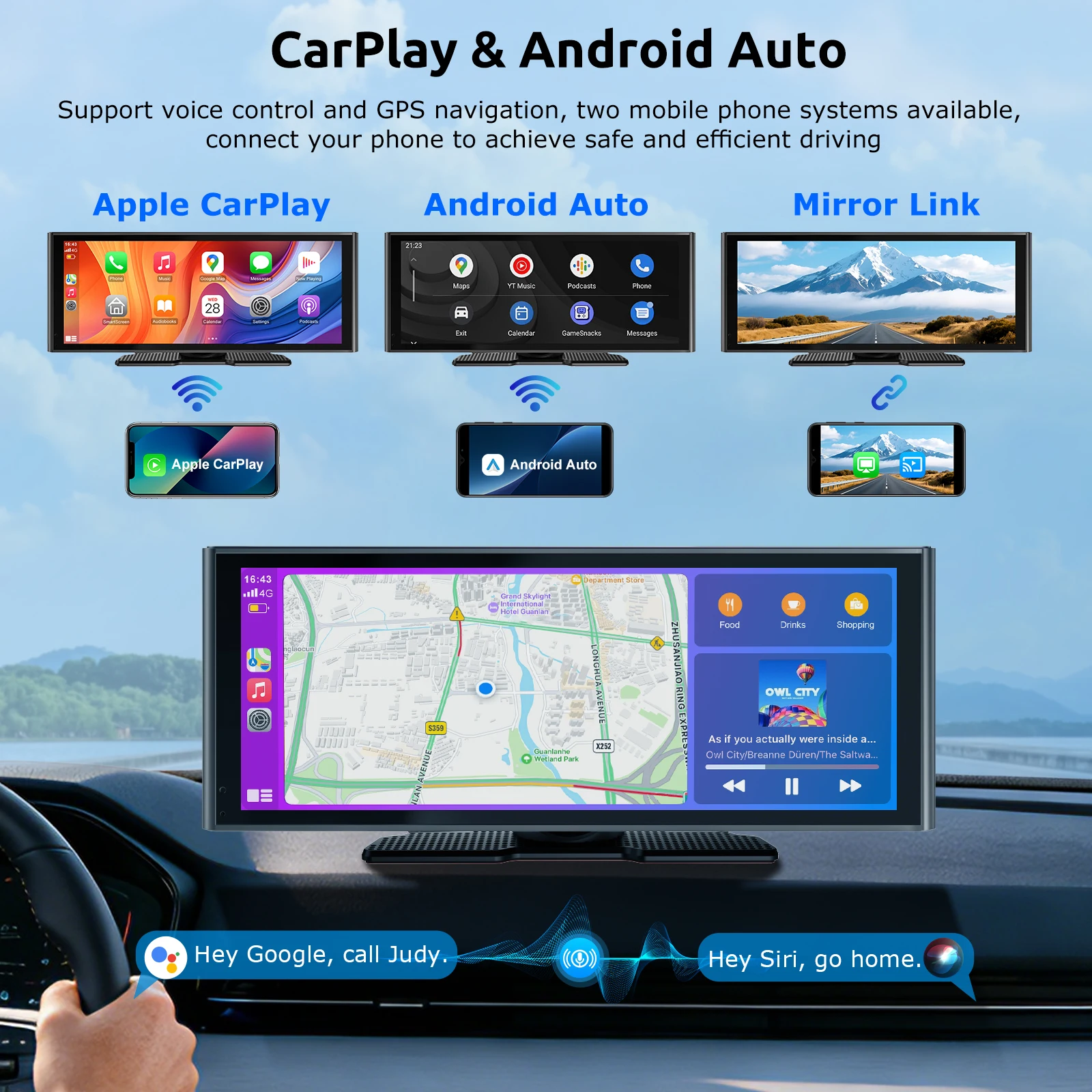 ESSGOO Tragbare 10,26" 4K+1080P Dashcam Kabelloses CarPlay Android Auto Armaturenbrett Auto-DVR Videoaufzeichnung Nachtsicht BT AUX FM Typ C