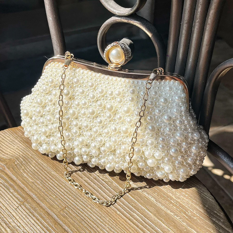 

Chain Evening Bag Beaded Dinner Shoulder Bag for Women Clip Handbag Vintage Underarm Bag Party Dress Satchel Shell Clutch Purse
