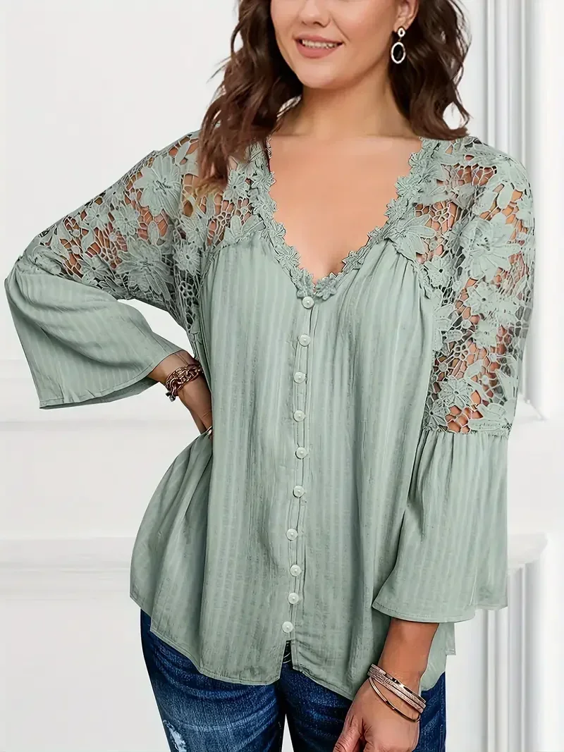 Elegant Women Plus Size Lace Shirt Hollow Out V-Neck Blouse Tops Solid Casual Vintage Fashion Autumn Minimalist Blouse 2024