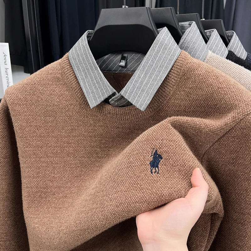 men's luxury autumn winter high quality long sleeves false two-piece lapel embroidery knit sweater leisure trend men's clothing