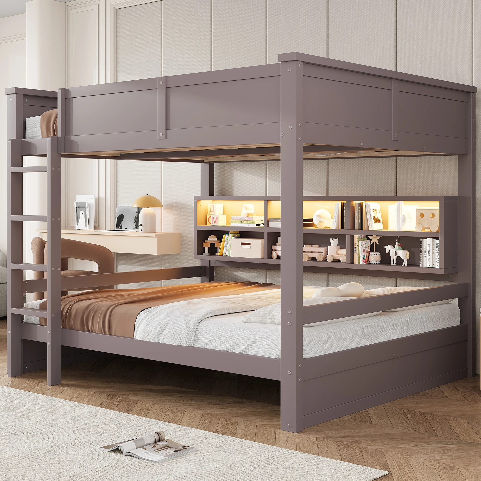 Lit superposé marron 160x200 cm avec armoires de rangement et éclairage LED – Lit double gain de place pour frères et sœurs ou chambres partagées – Comprend des tiroirs et des étagères sous le lit pour jouets, vêtements ou linge – Construction en bois robuste, barrières de sécurité et échelle – Montage facile