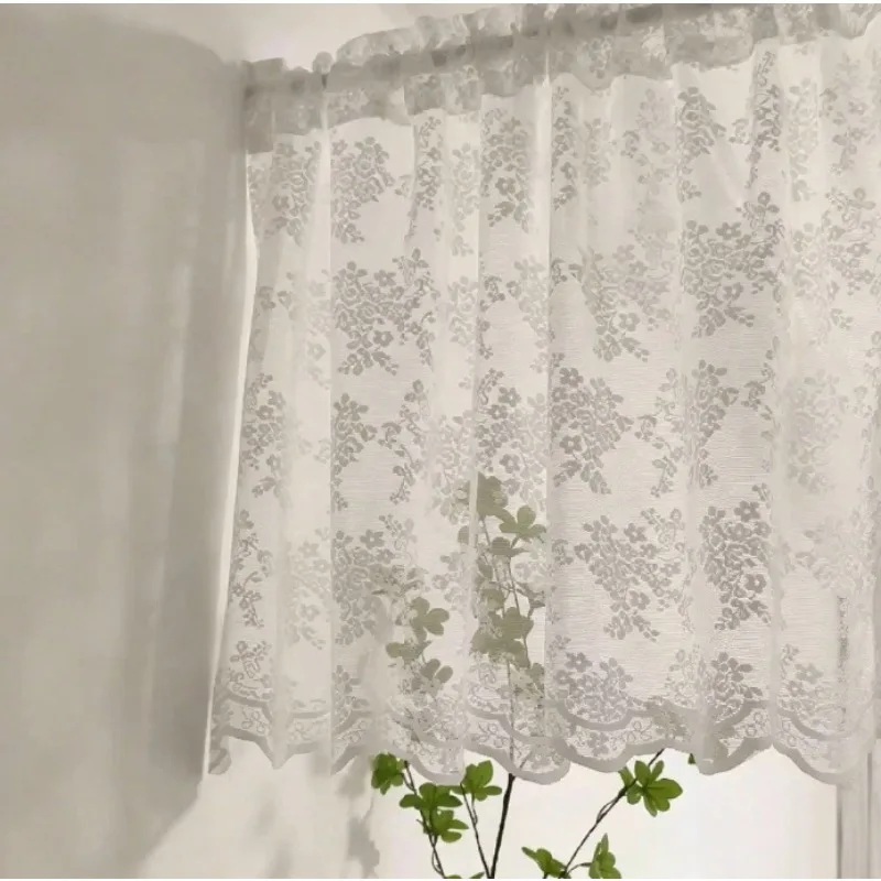 Korean Pastoral Flower Lace Short Curtain White Punch-free Kitchen Half Curtain Light-transmitting Non-see-through Gauze Curtain