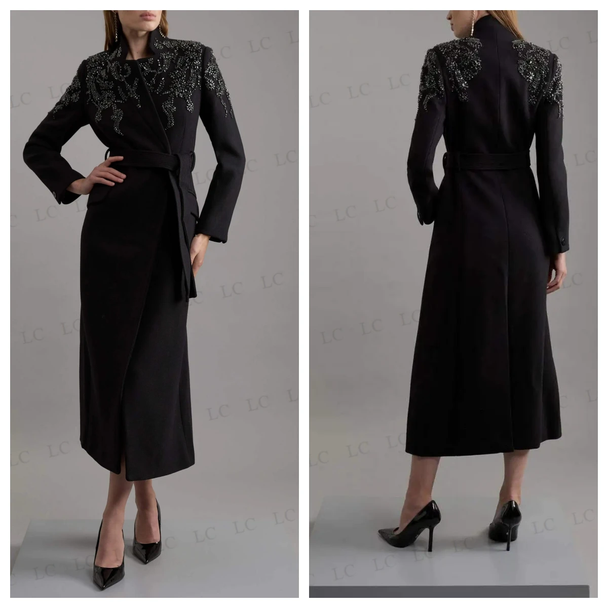 Long Blazer Women Suits One Piece With Belt Slim Fit High Collar Appliques Beads Diamonds Plus Size Tailored Mother Of The Bride