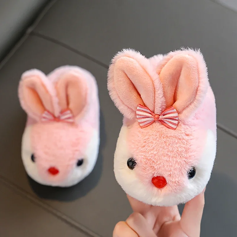 New Winter Cute Rabbit Toe Wrap Children\'s Fluffy Slippers For Girls Kids Slides Home Indoor Floor Non-Slip Warm Cotton Shoes