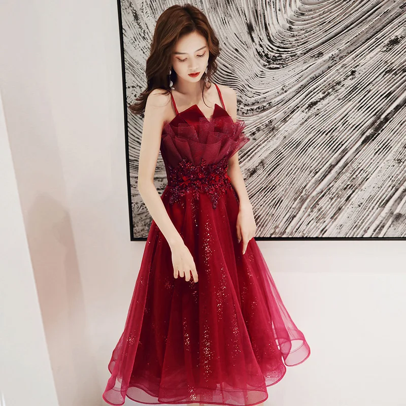 Toast Dress Bride And Long Temperament Tube Top Strap Burgundy Banquet Spring And Summer Evening Dress Skirt Women