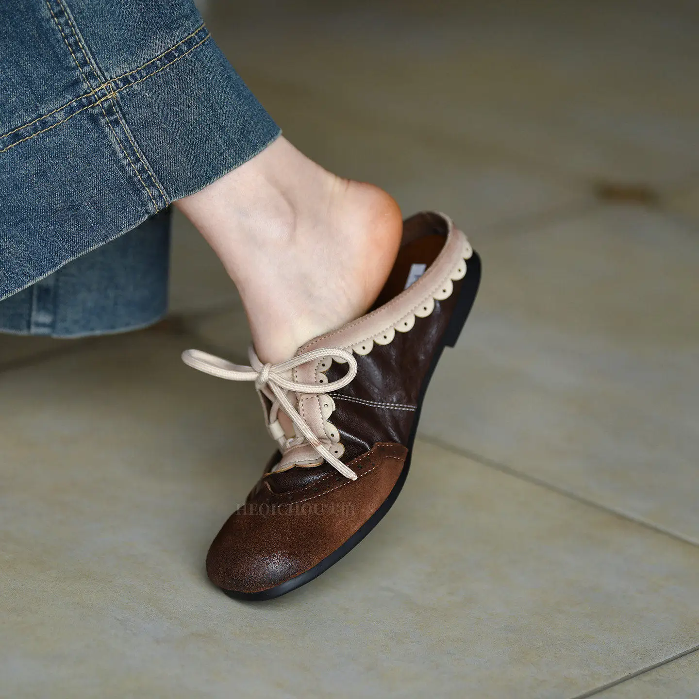Women's Spring and Summer Retro Spliced ​​design Casual Toe-cap Slippers 2026 New Fashion Lace Design Soft-soled Slippers