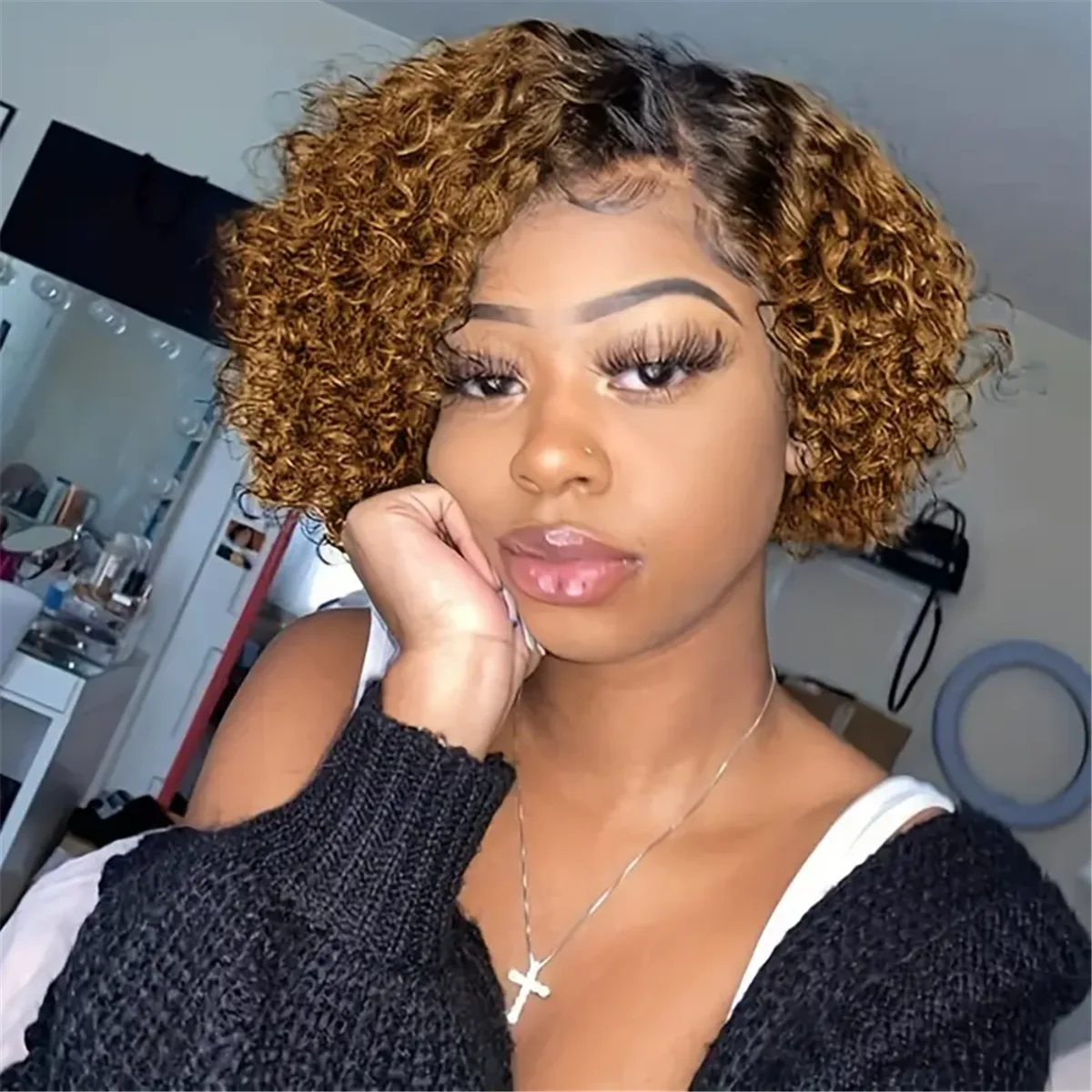 Curly Pixie Cut Wigs T1B/30 T Lace Front Pixie Cut Wigs Human Hair Ombre Lace Closure Wigs For Woman 8 Inches 180% HairUGo image 2