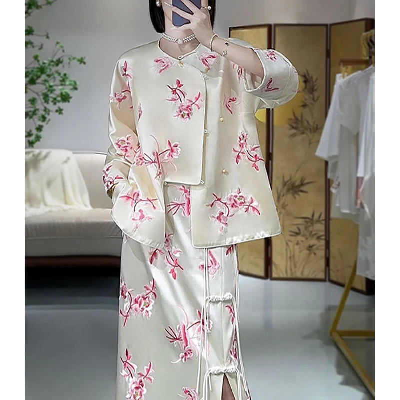 Autumn New Chinese style High End Acetate Fabric Embroidered Loose Round Neck Coat+Tassel Buckle Half Skirt Two Piece Set S-XXL