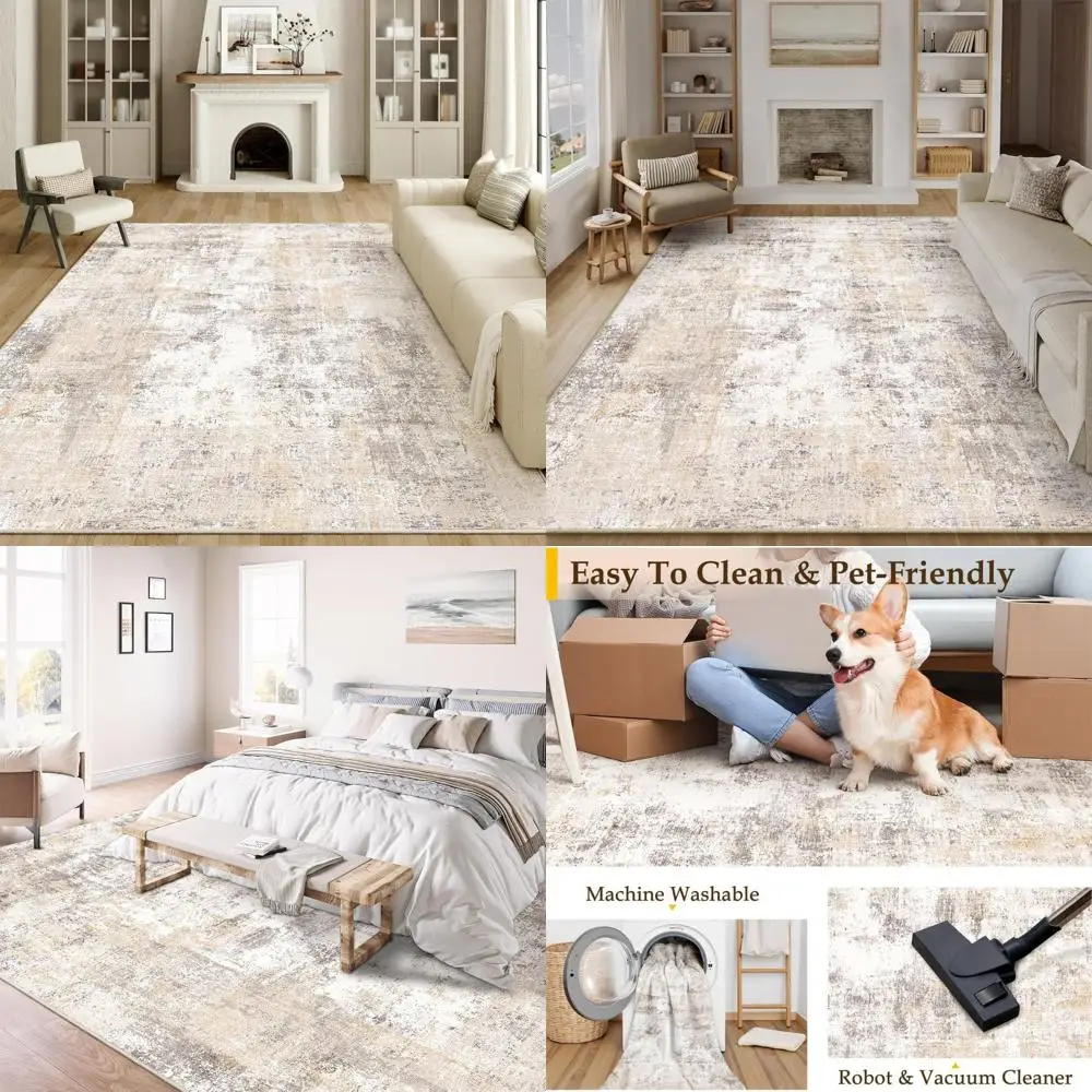 

Large Beige and Grey Abstract Area Rug - Washable, Non-Slip, Soft Low Pile for Living Room and Bedroom Indoor Use