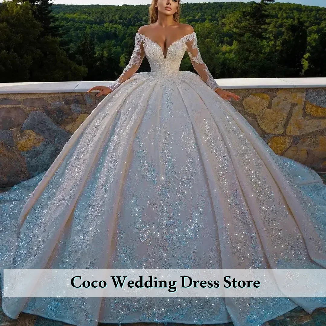 Customized Off The Shoulder V-Neck Long Sleeve All Over Shiny Beaded Sequins Princess Ball Gown Wedding Dress Vestidos De Novia