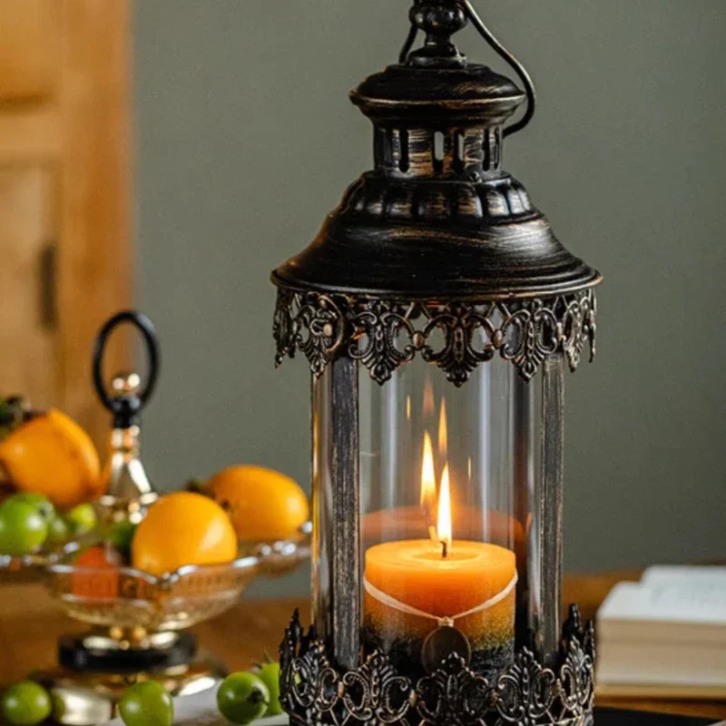 yesVintage Iron European Candlestick Ornament Outdoor Camping Windproof Light Romantic Candlelight Props and Decorations Nostalg