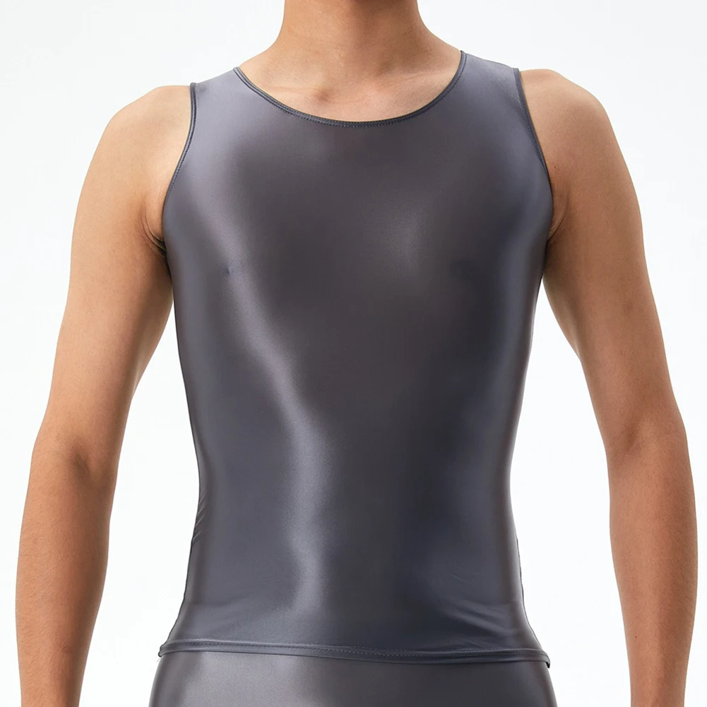 Men Oil Shiny Stretch Tank Top Sleeveless T-Shirt Sport Gym Running Undershirt Underwear Shiny Smooth Soft Fiber Solid Precious