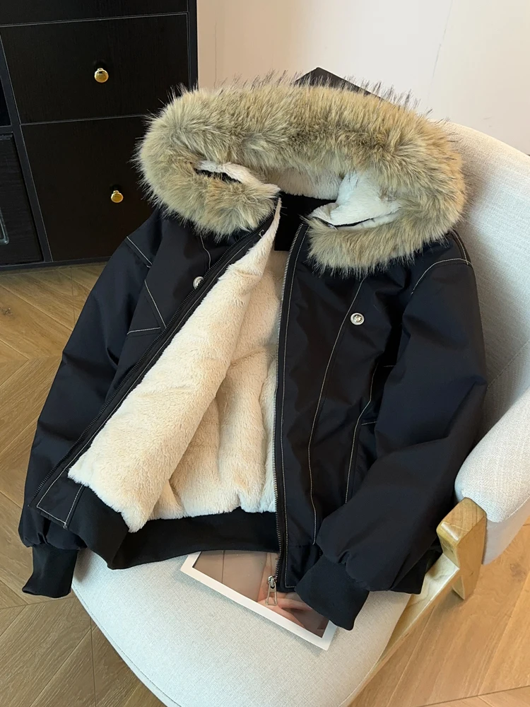 Amerikaanse retro katoenen damesjas met korte capuchon, mode, grote bontkraag, verdikte jas, paar stijl, warme fleece parka