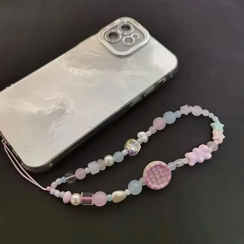 Korean Sweet Cute 3D Button Beaded Phone Chain Charm Lanyard Mobile Universal Anti-Loss Hanging Rope Jewelry No Fall view 4