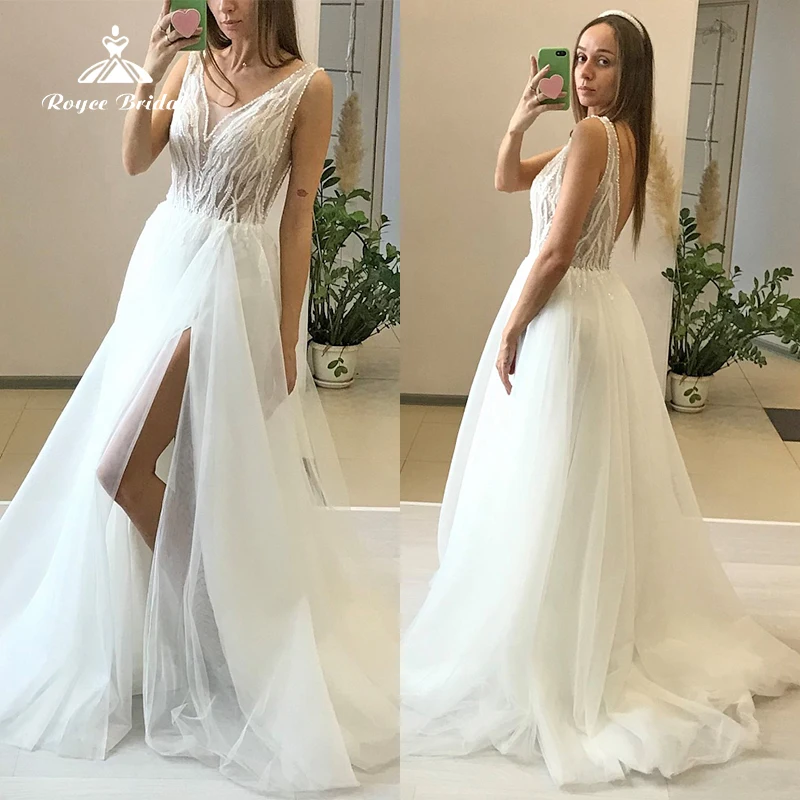 

Boho Sexy High Split V-neck Sleeveless Lace Applique Beading A-Line Wedding Dress Netting Bridal Gown Sweep Beach robe de mariée