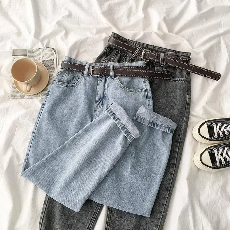 

Fashion Blue Black Women's Jeans Trousers Vintage Korean Streetwear High Waist Denim Pants Baggy Mom Jeans Capri Trousers