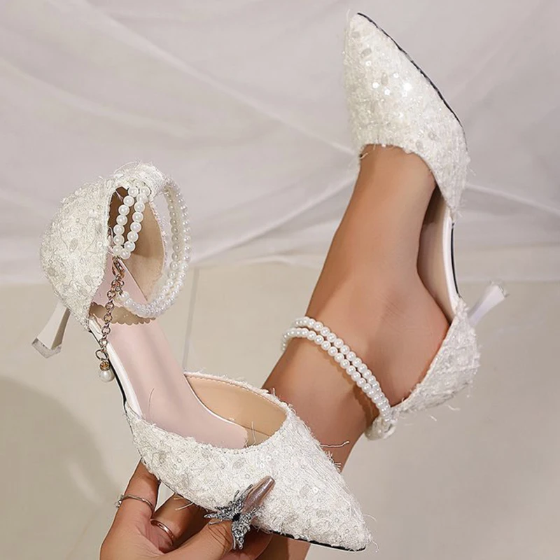 بلينغ أشار تو مضخات أحذية النساء الصيف 2025 اللؤلؤ مشبك حزام المرأة مضخات إزالة الأعشاب الضارة الصلبة حجم كبير سيدة أحذية عالية الكعب