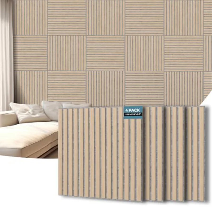 

AKUMAX 4 Pack Wood Panels-3D Slat Wall Panelling for Wall-Ceiling and Sound Absorbing - Wooden Wall Panels for Living Room, Bed