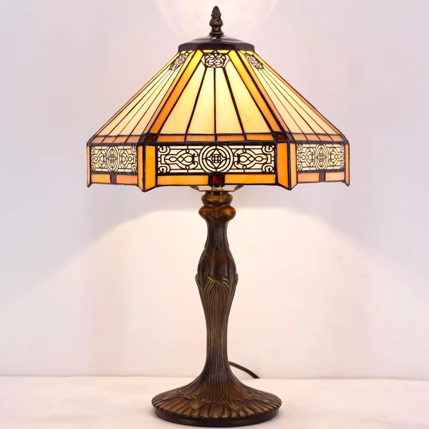 Lámpara de mesa de vitral hexagonal amarillo Tiffany, 12x10x18, estilo misión, luz de noche para escritorio, dormitorio, sala de estar, hogar