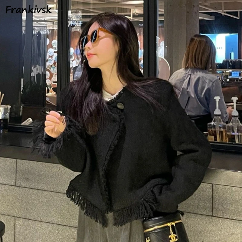 Raw Edge Blends Women Formal Solid Office Lady Tassel French Style Spring Autumn Tender Elegant Simple Stylish Aesthetic Classic