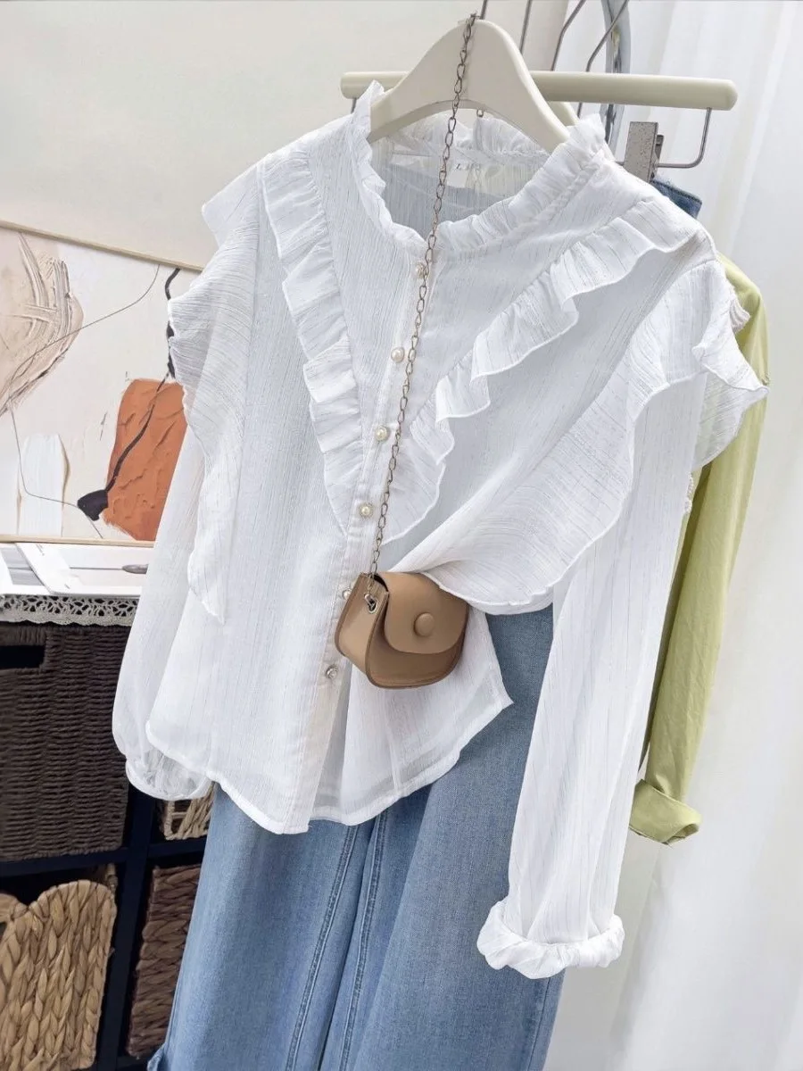 

Элегантная женская рубашка с воротником-стойкой и длинными рукавами, модная модель с кружевной отделкой, новый весенний стиль, ультра-сказочный шифоновый топ