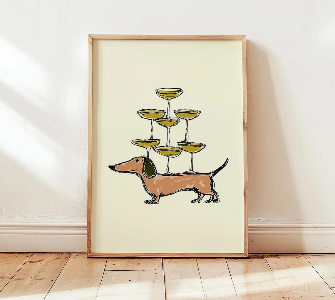 Dachshund Champagne Art Print, Whimsical Dog Wall Art, Fun Bar Decor Poster, Playful Modern Home Illustration