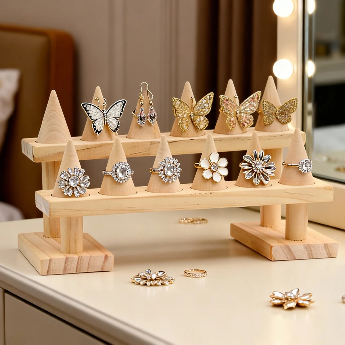 

Natural Wood Double-Layer Jewelry Display Stand - Cone Holder Organizer for Rings, Earrings & Small Accessories