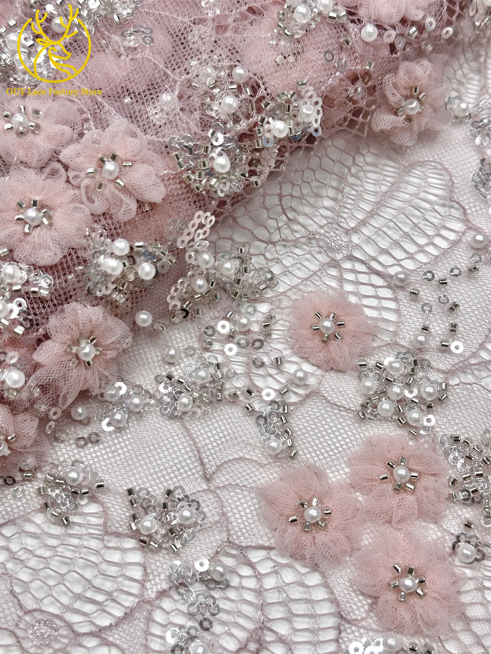 Französische Stickerei, kleiner Pflaumenblüten-Perlen-Spitzenstoff, exquisiter nigerianischer Perlen-Pailletten-Spitzenstoff für Hochzeitskleider zum Nähen – Detail 19