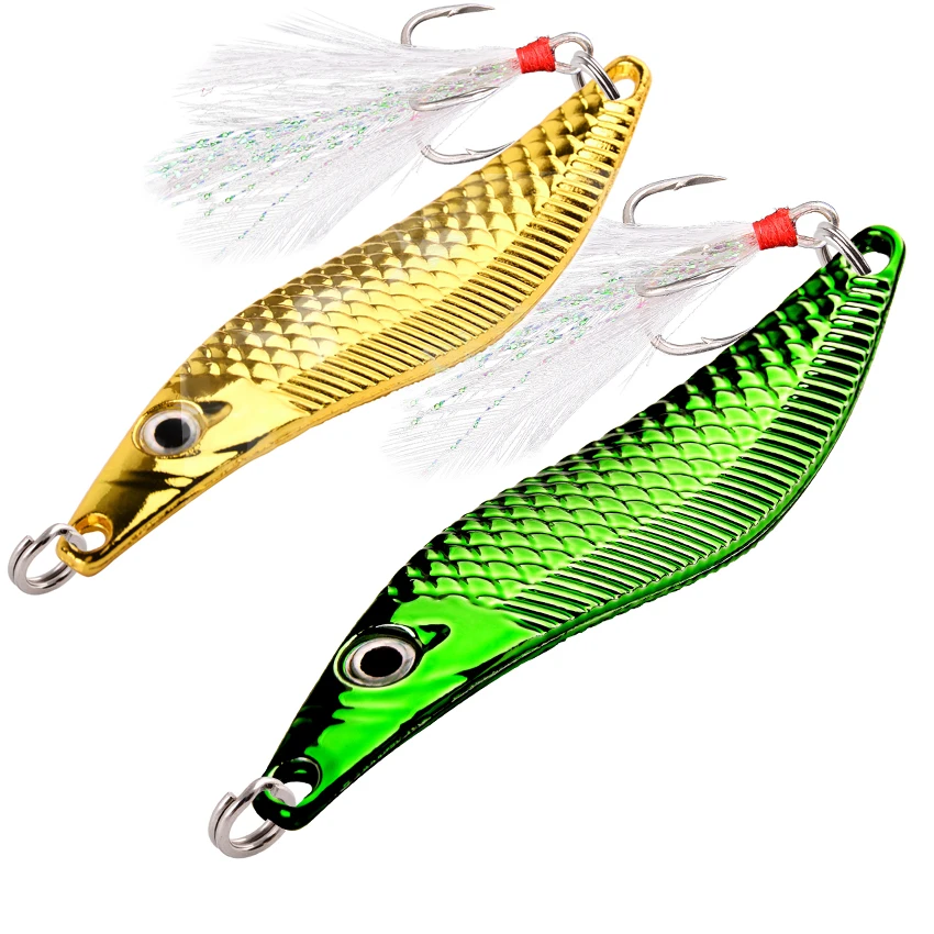 Metal VIB Leech Spinners Spoon Lures 7g 10g 15g 20g Artificial Bait With Feather Hook Night Fishing Tackle for Bass Pike Perch