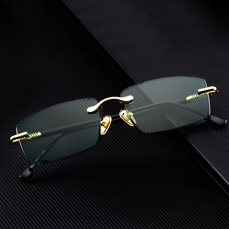 

Green Rimless Glass Sunglasses Man Natural Crystal Stone Sun Glasses Woman Mineral Lens Metal Frame Anti Scratch Top Quality