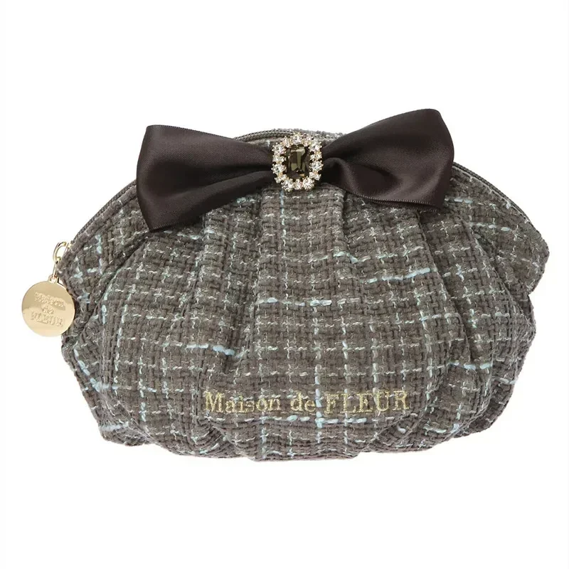 Japanese Autumn Winter New Houndstooth Rhinestone Bow Portable Makeup Bags Students Coin Purse Storage Women\'s Cosmetic Bags