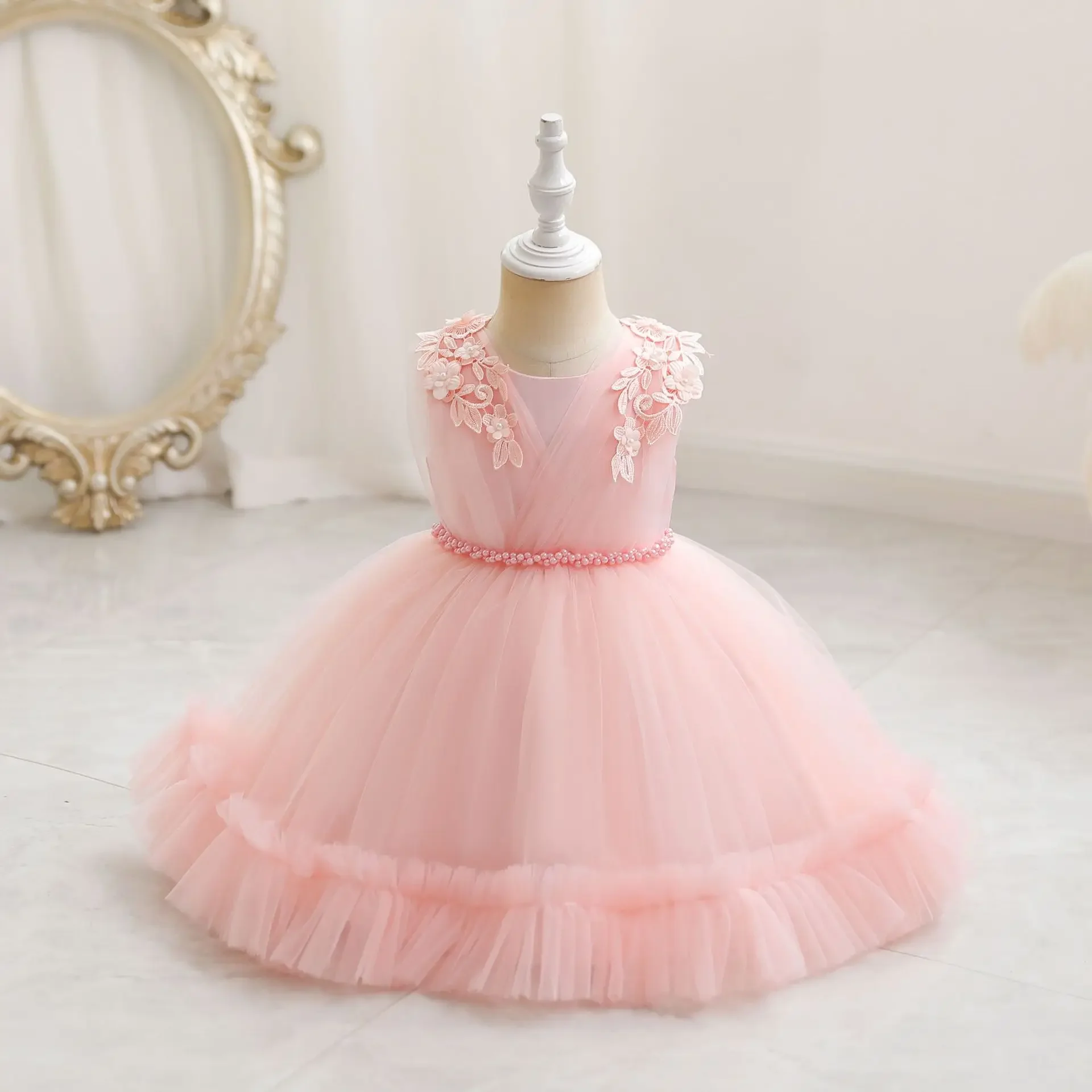 Flower Shawl Beading Belt Sleeveless Lace Bottom Cotton Girl Princess Dress Kids Clothes For 1 Years Birthday Party