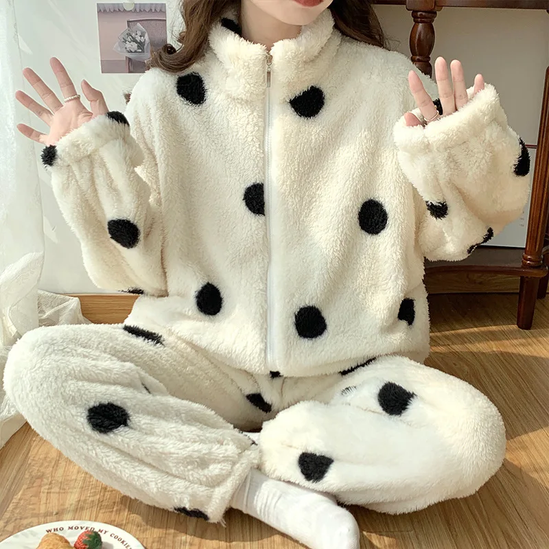 

Winter Women's Thickened Polka Dot Pajamas Flannel Zipper Cardigan Warm Homewear Set Stand Collar Coral Fleece Sleepwear