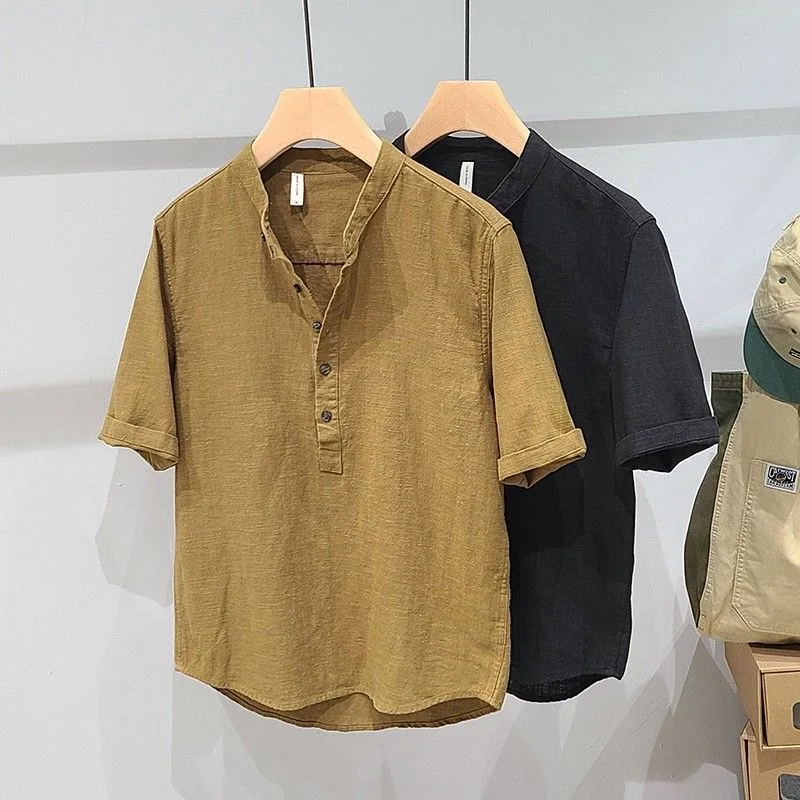 

Summer Thin Cotton Linen Ice Silk irt Men's ort Sve Loose Casual Breathable Cotton Linen Trendy Button up irt