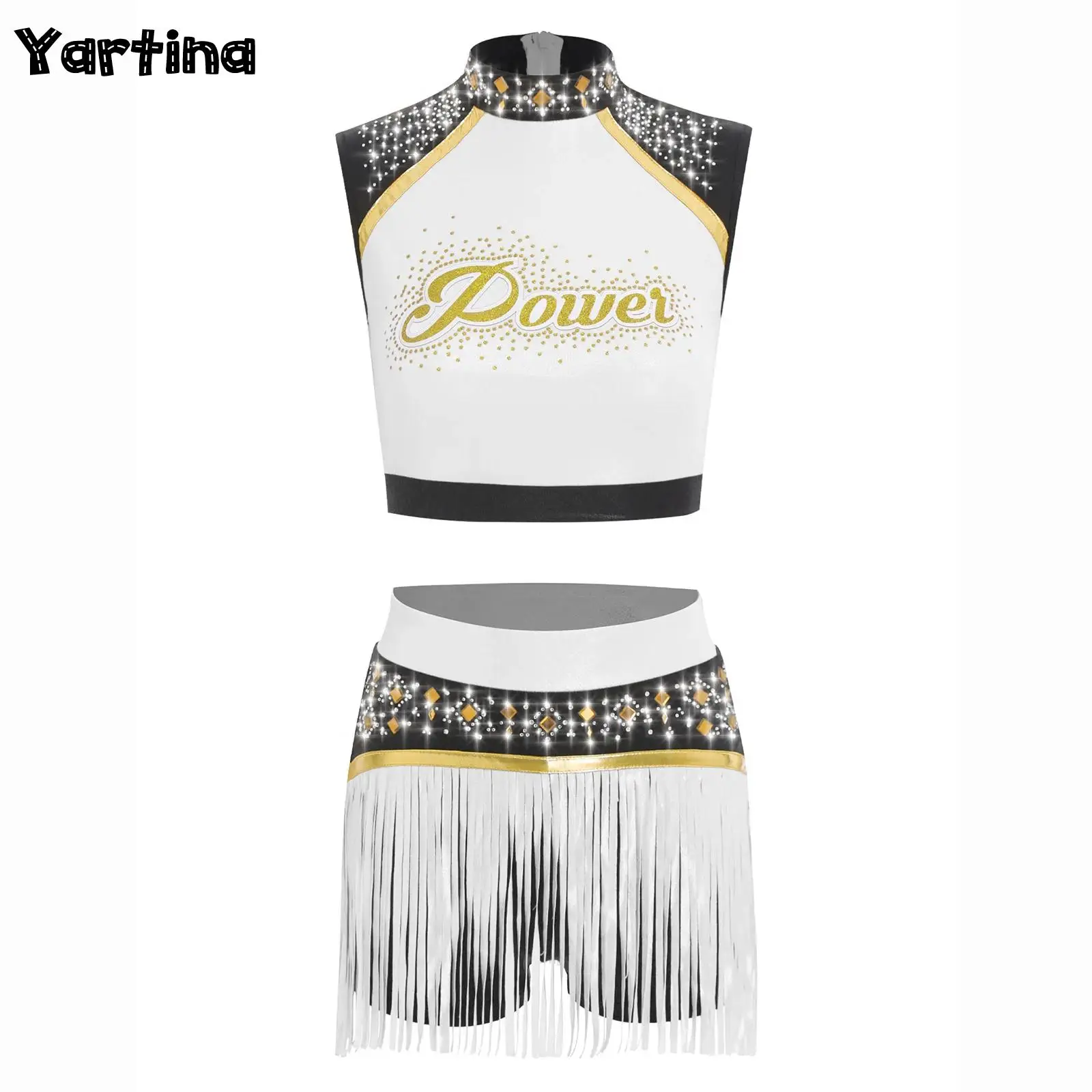 

Womens Shiny Rhinestone Cheerleading School Girls Uniform Cheerleader Cosplay Costume Sports Team Tank Top And Tassels Shorts