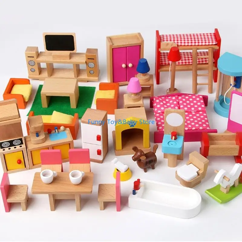 أطفال التظاهر اللعب أثاث خشبي Mniature مجموعة غرفة نوم المطبخ الحمام المشهد اكسسوارات للطفل لعب الأدوار لعبة C90B #4