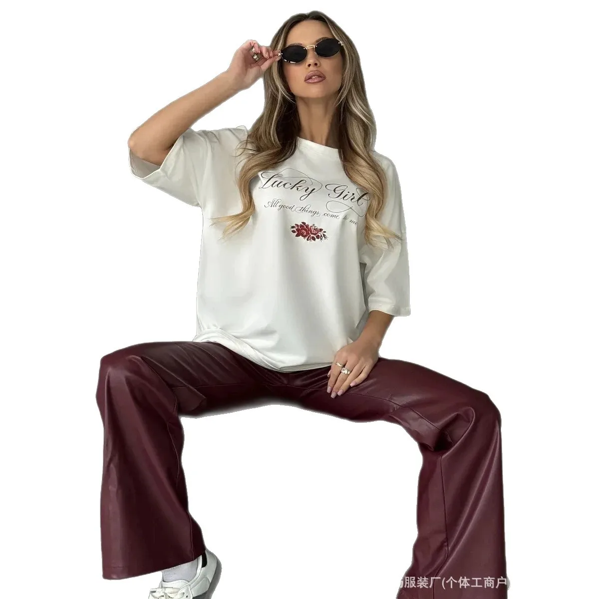 Elegant Lucky Girl Positive Quote Burgundy Cursive Red Rose Floral Print Oversized White 100% Cotton Coquette Summer T Shirt