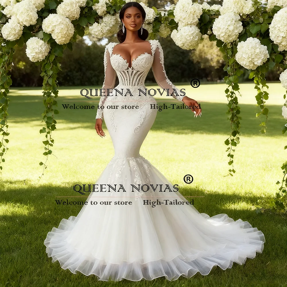 

Elegant Sweetheart Lace Appliques Wedding Dresses Illusion Long Sleeves Mermaid Bridal Gowns Customized Bride Formal Party Dress