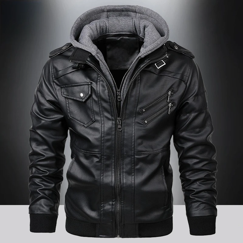 Men Detachable Grey Hood Faux PU Leather Biker Jacket Multi Zipper Pocket Windproof Slim Casual Outerwear Spring Autumn