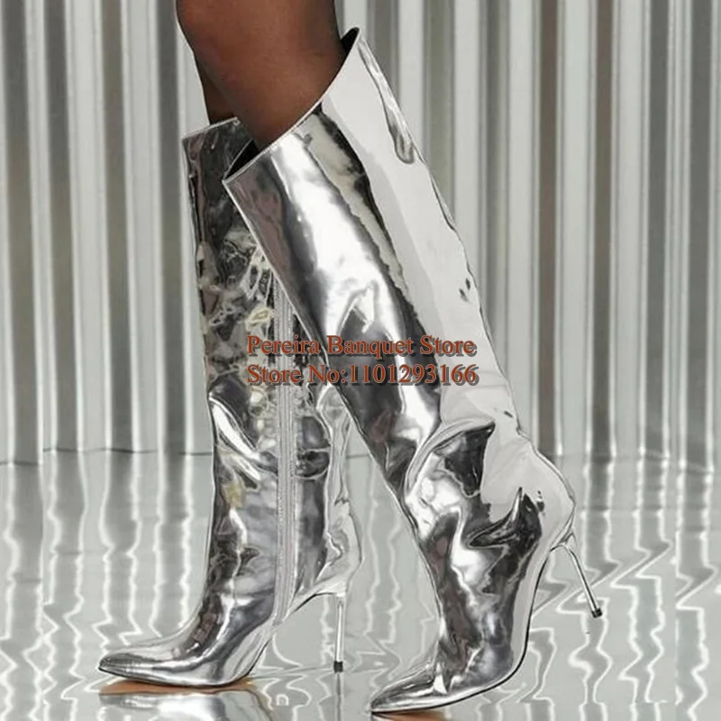 Silver Mirror Leather Knee-high Boots Side Zipper Pointed Stiletto Heel Boots Women Big size Women Winter Shoes