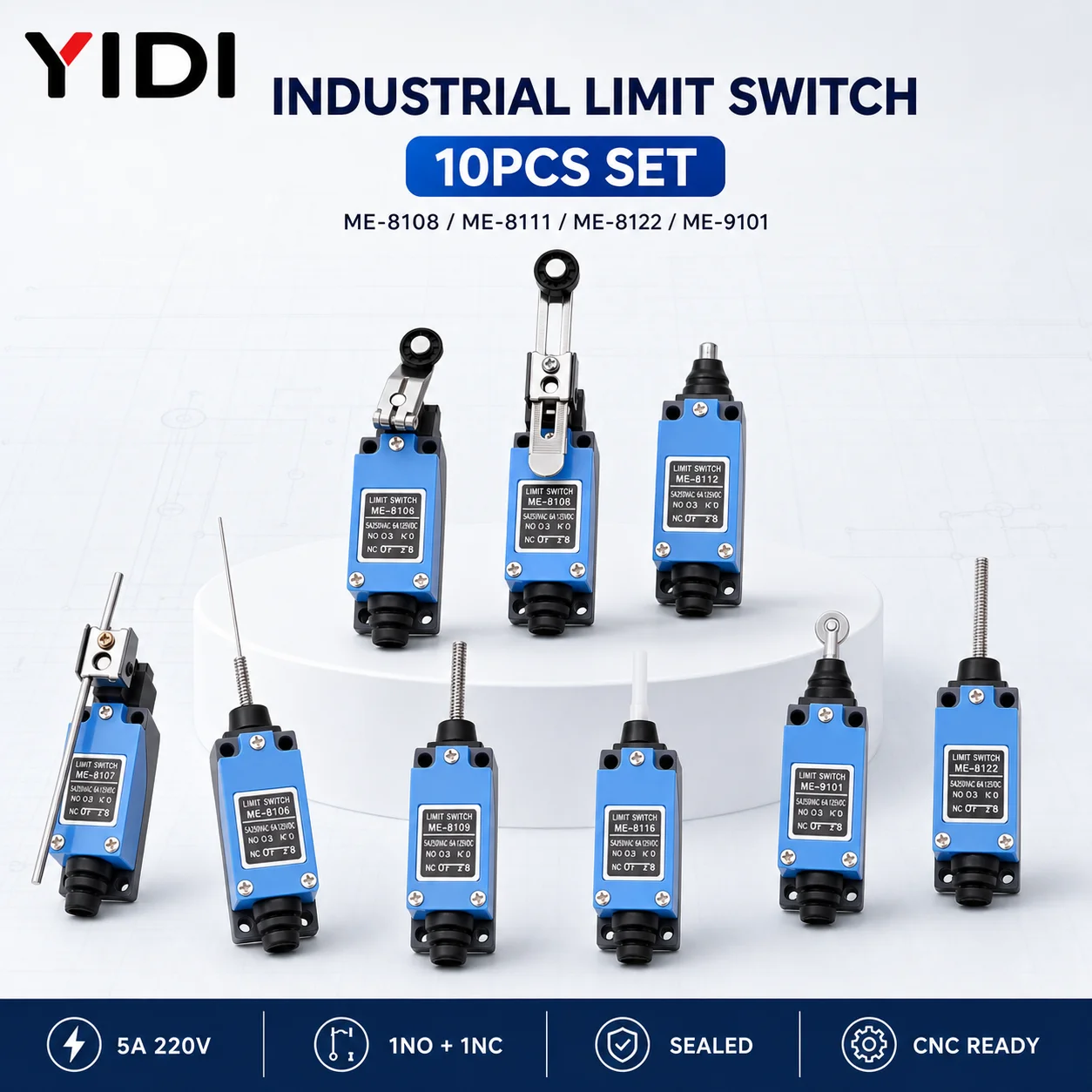 10Pcs ME-8108 8111 8122 9101 Sealed Roller Lever Limit Switch 5A 220V 1NO 1NC Momentary Industrial Switch for CNC