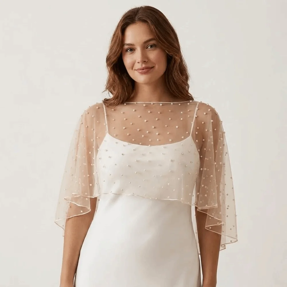 Sweet Pearl Bride Wedding Dress Shawl Beaded Front Short Long Back Evening Dresses Scarves Cape Transparent Mesh Scarf Wedding