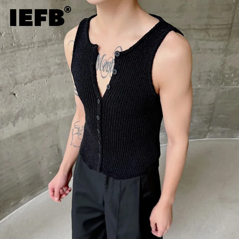 IEFB Male Tank Top 2024 Summer New Slim Fit Elastic Knitted Retro Chic Solid Color Single Breasted Sleeveless Sezy Vest 9C5785