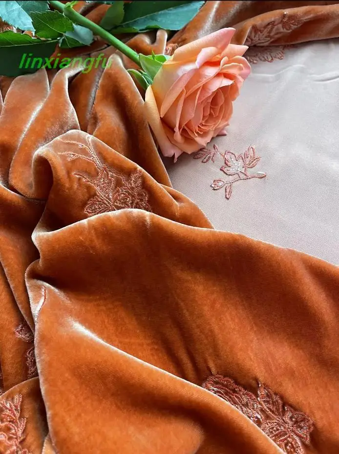 Real velvet embroidered fabric, Qipao jacket autumn and winter clothing fabric, rose caramel color