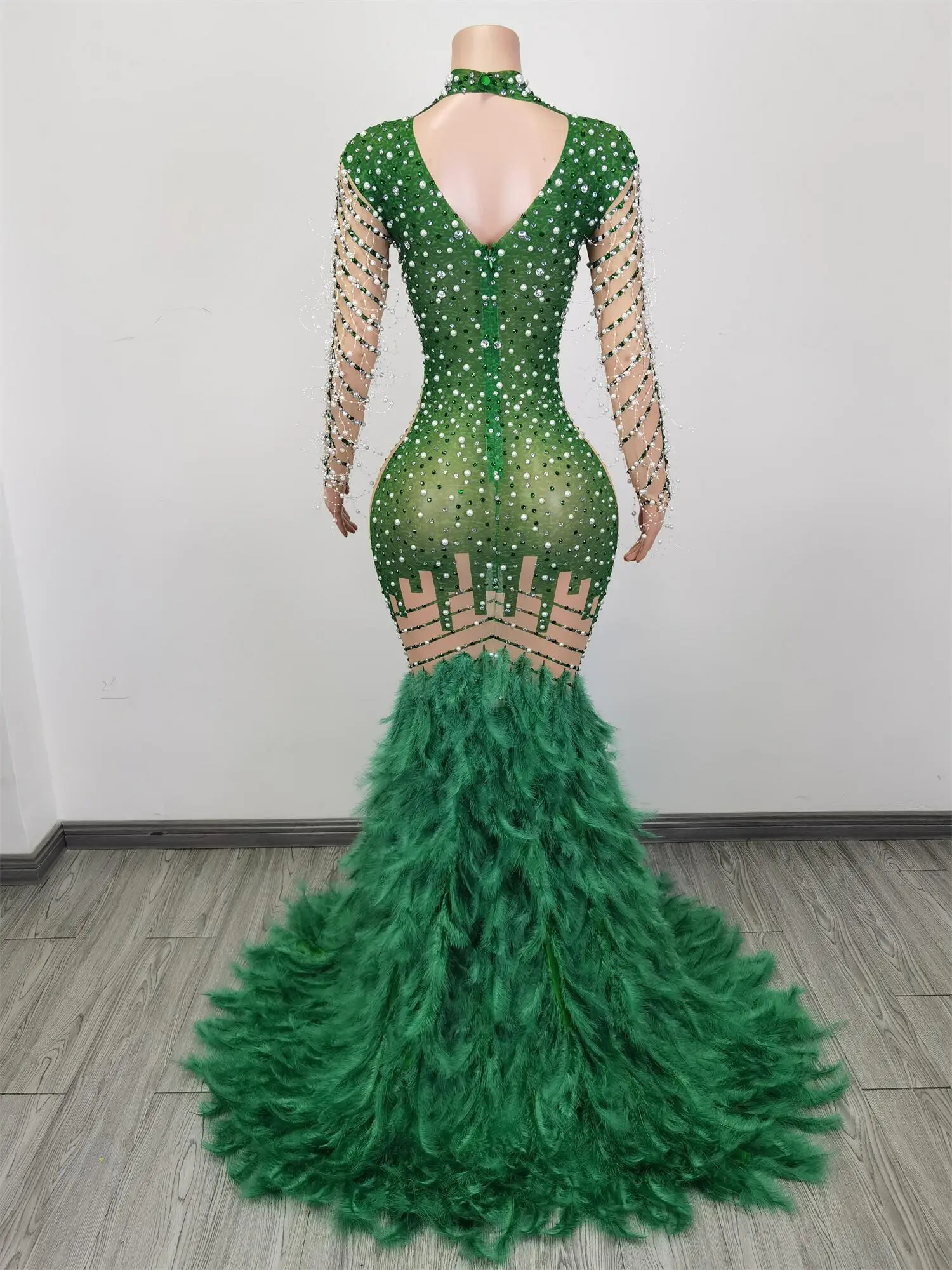 Sexy funkelnde Strass steine grüne Feder langes Zug kleid Hochzeit Geburtstag Mesh Kostüm Abend Club Tanz kleid Liantiyumao