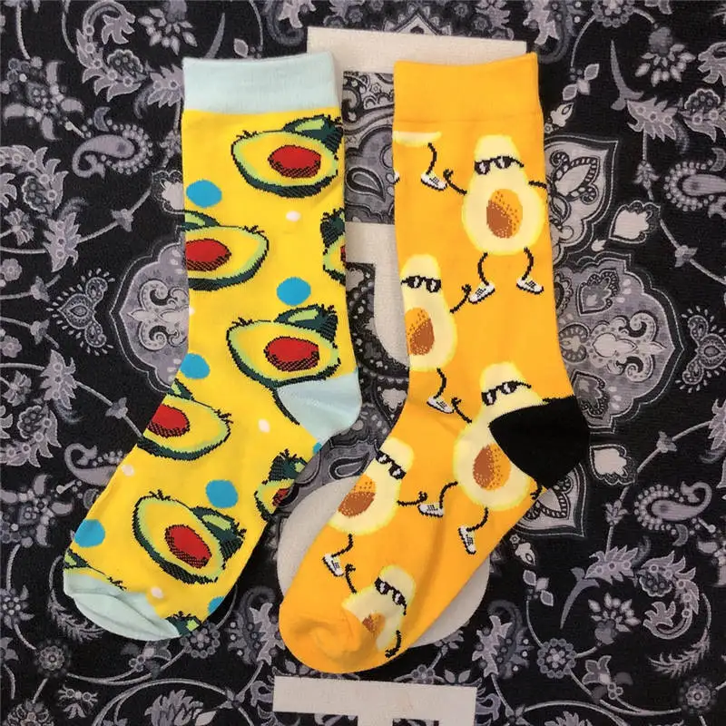 

Street Fashion Cotton Adult Middle Calf Crew Yellow Socks Healthy Green Happy Funny Print Art Cute Cotton Avocado Fruit Food
