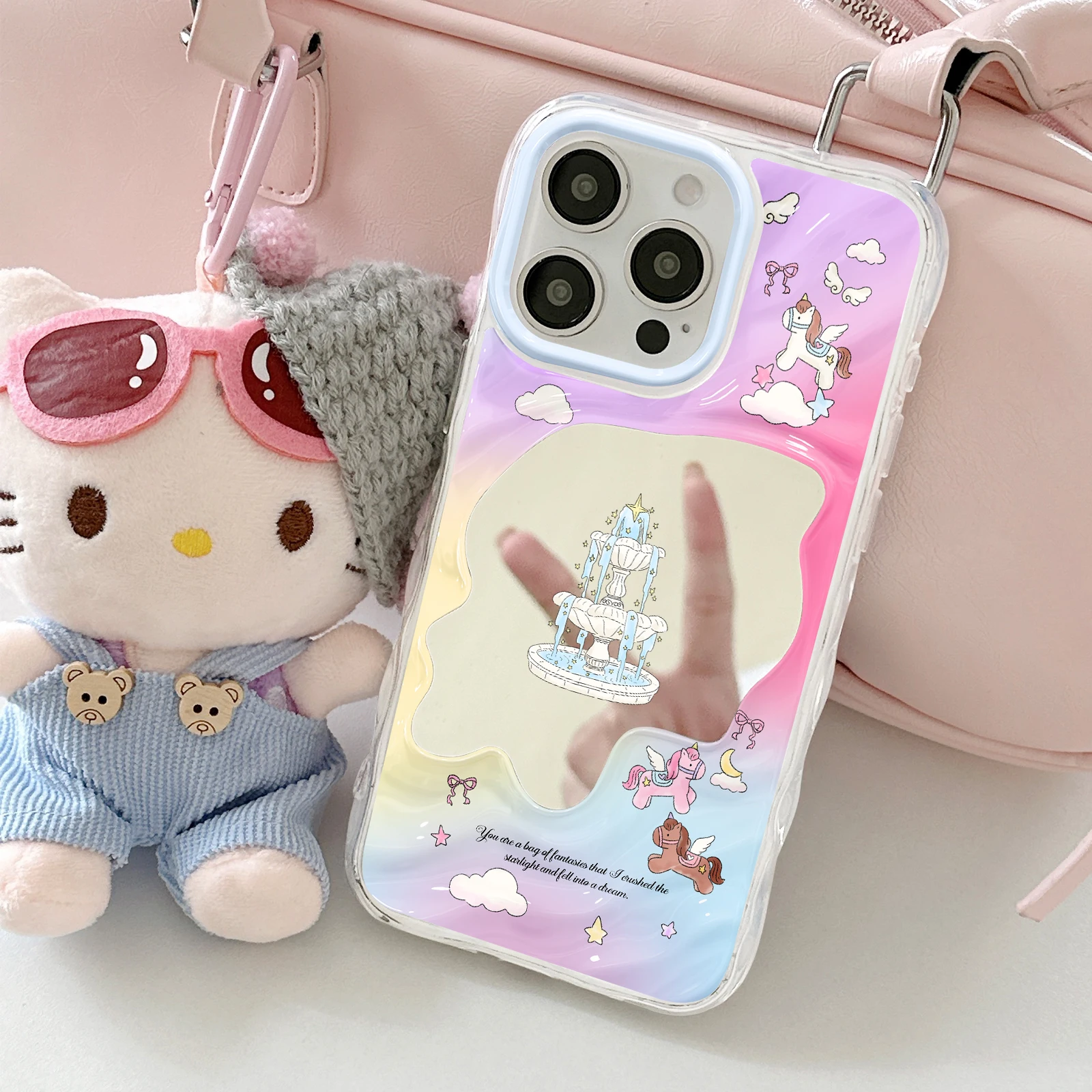 Light Blue Frame Soft TPU Case, Unicorn Fountain Cloud Irregular Hand Mirror Gradient Cover Fit iPhone 7 X 11-17 Pro Max