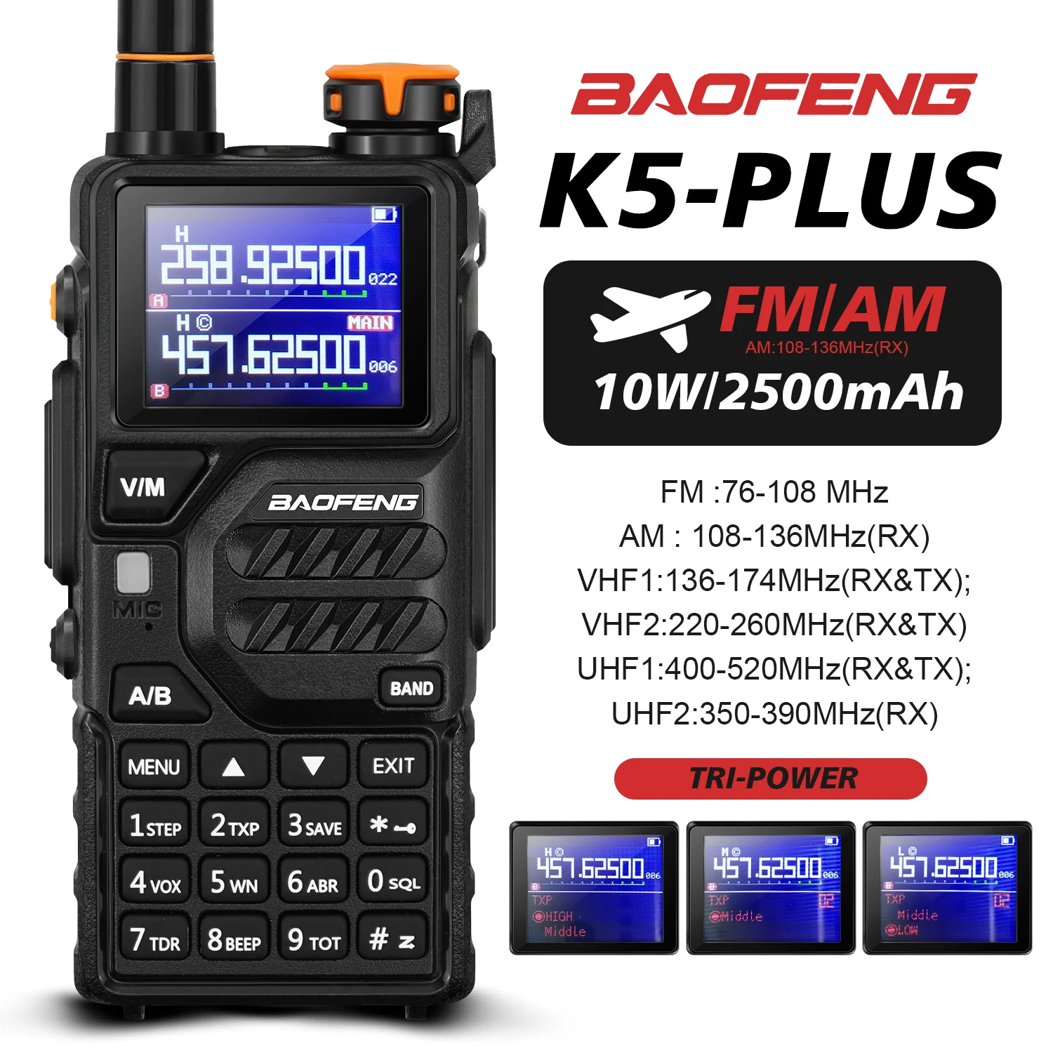 

Baofeng K5 Plus Walkie Talkie Portable AM FM Two-Way Radio Comumicador Portable Amateur Radio Full Band LCD 999CH Frequency Copy