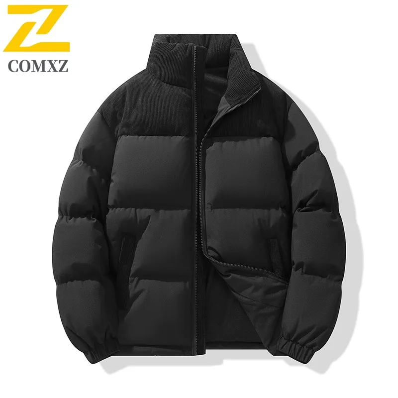 COMXZ 2025 Winter Thick Fleece Lined Mens Cotton Jacket Stand Collar Short Couple Coat Outwear tactics lightweight windbreaker