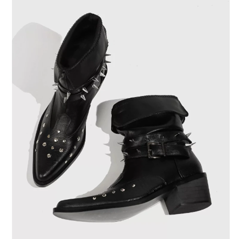 Men's Black Leather Pointed Toe Studded Ankle Boots 2026 Spiked Rivets Belt Buckles Block Heel Edgy Streetwear Party Boots